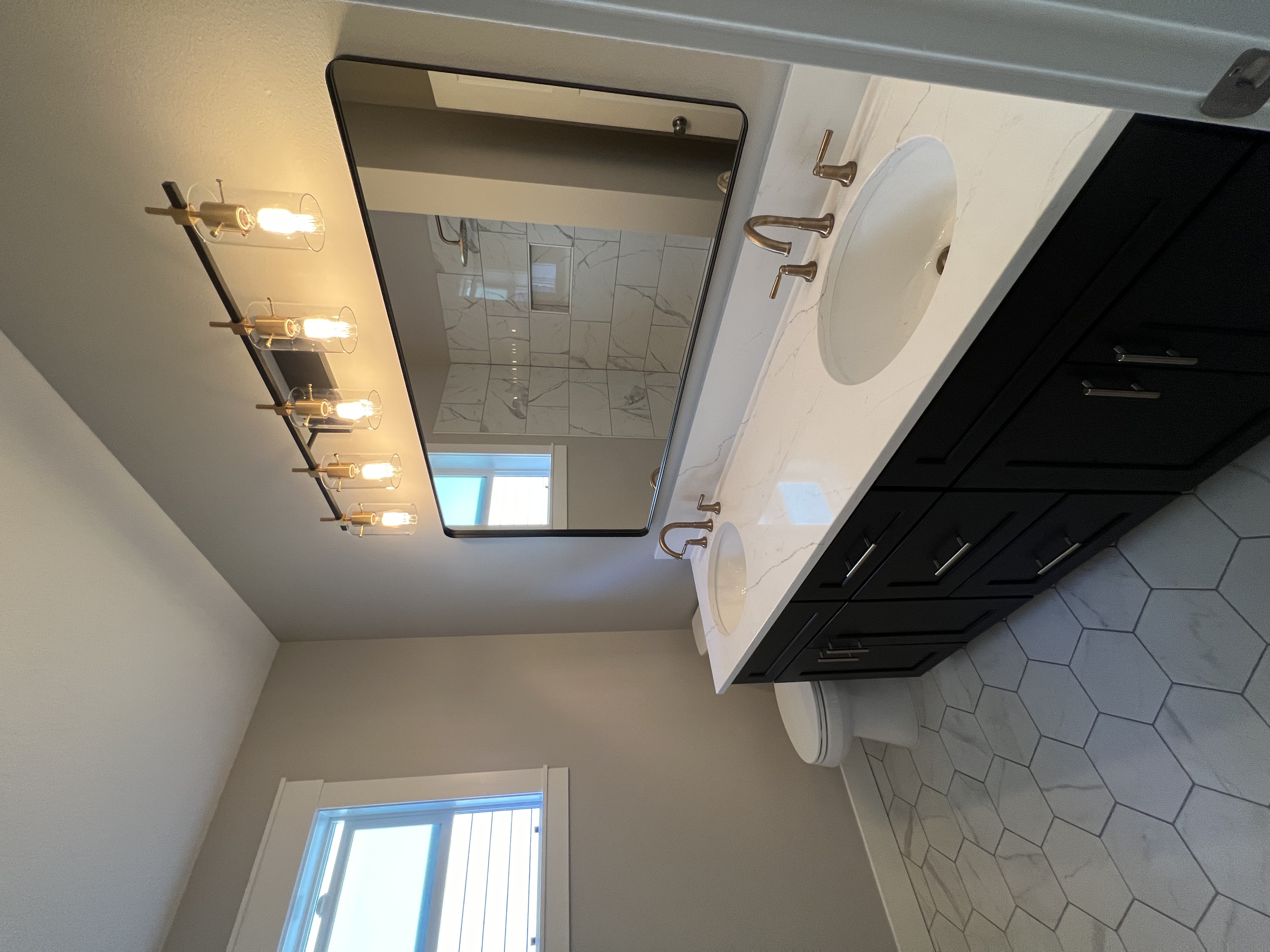 Double bathroom remodel tile close-up